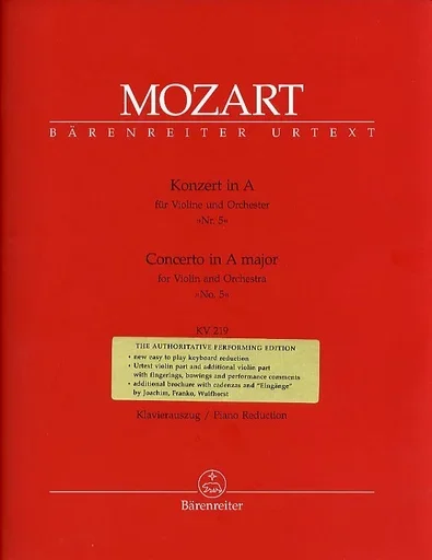 Mozart, W.A.: Concerto #5 in A Major for Violin and Orchestra, No.5, K.219 – Urtext (violin, & piano) Barenreiter
