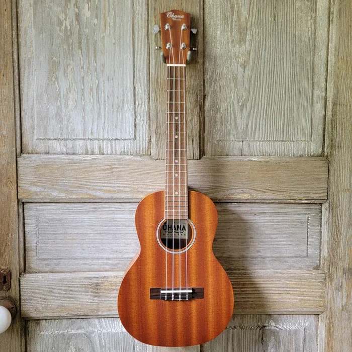 Ohana Tenor Starter Pack TK-10 Blem Laminate Mahogany Ukulele Bag, Tuner, Strap, Button v022