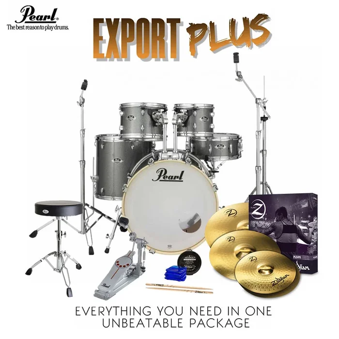 Pearl Export 22″ EXX Fusion Plus Drum Kit Package with Zildjian Cymbals & Hardware – Grindstone Sparkle