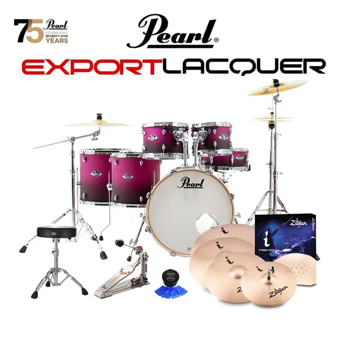 Pearl Export Lacquer EXL 22″ Fusion Plus Kit Package with Zildjian Cymbals (I Series) & Hardware (Free 14″ Floor Tom) – Raspberry Sunset