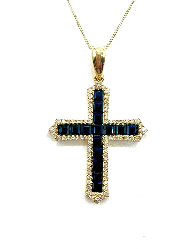 Sapphire and Diamond Cross Pendant with Necklace