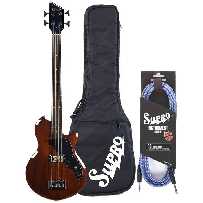 Supro Huntington I Bass Natural Mahogany w/Piezo Bundle w/ Supro 15′ Instrument Cable and Gig Bag