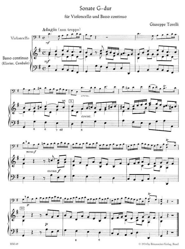 Torelli, Giuseppe (Giegling): Sonata in G major (cello & piano) Barenreiter