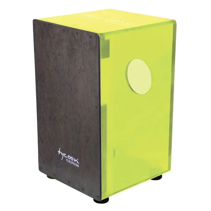 Tycoon 29 Series Neon Green Acrylic Cajon w/Black Makah Burl Front