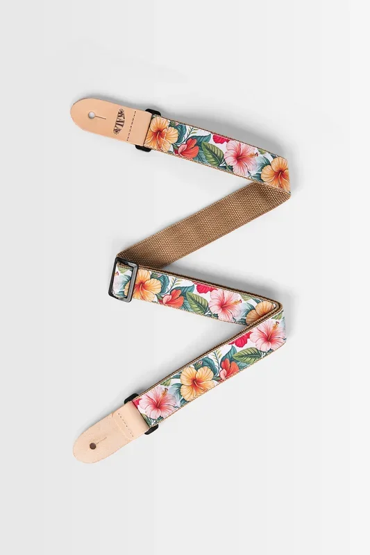 Vintage Hibiscus Print Ukulele Strap – White