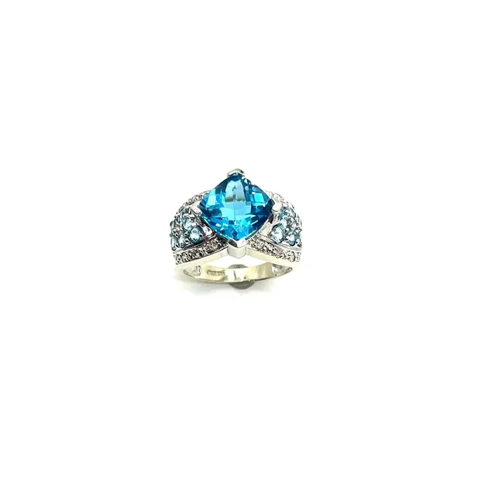 White Gold Faceted Blue Topaz and Diamond Ring