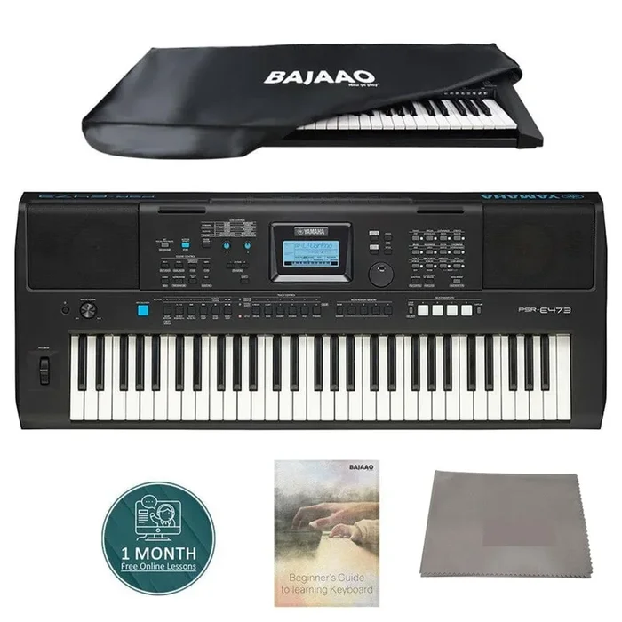 Yamaha PSR-E473 61-Key Touch-Sensitive Portable Keyboard with Polishing Cloth, Dust Cover, Online Lessons & Ebook